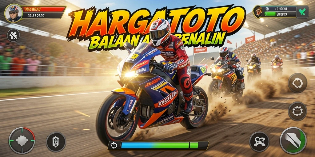Screenshot gameplay HARGATOTO menampilkan aksi balapan motor yang mendebarkan.